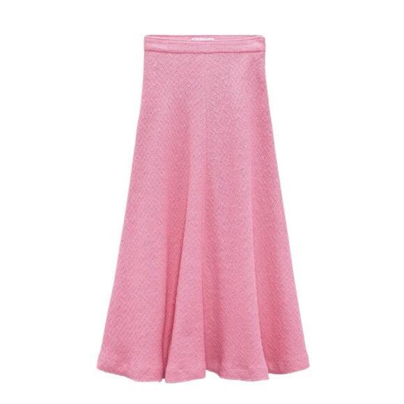 ZARA Barbie Pink Maxi Textured Flared Hem Tweed Skirt Blogger‎ Fav Size L - Picture 5 of 9